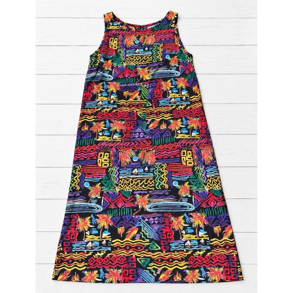 Chico's Design Dress Sleeveless Maxi Tropical Beach Abstract Rayon Boho Size 1